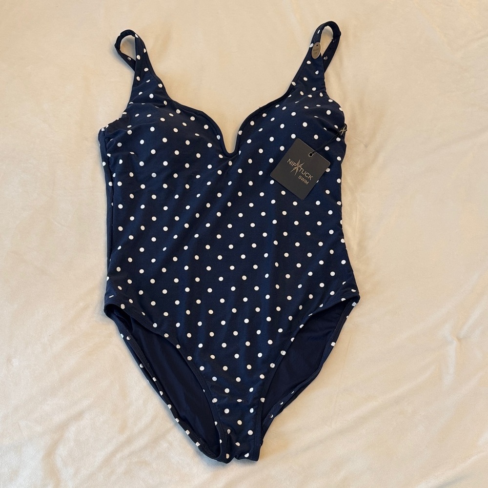 NWT! Nip Tuck Navy Polka Dot One-Piece Swimsuit, sz 10